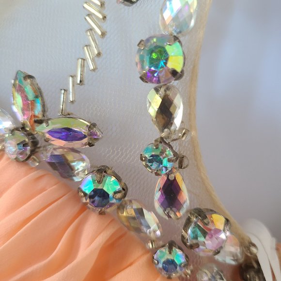 Rachel Allen Chiffon Beaded Illusion Long Prom Evening Dress Style 6934 Apricot - Picture 9 of 15